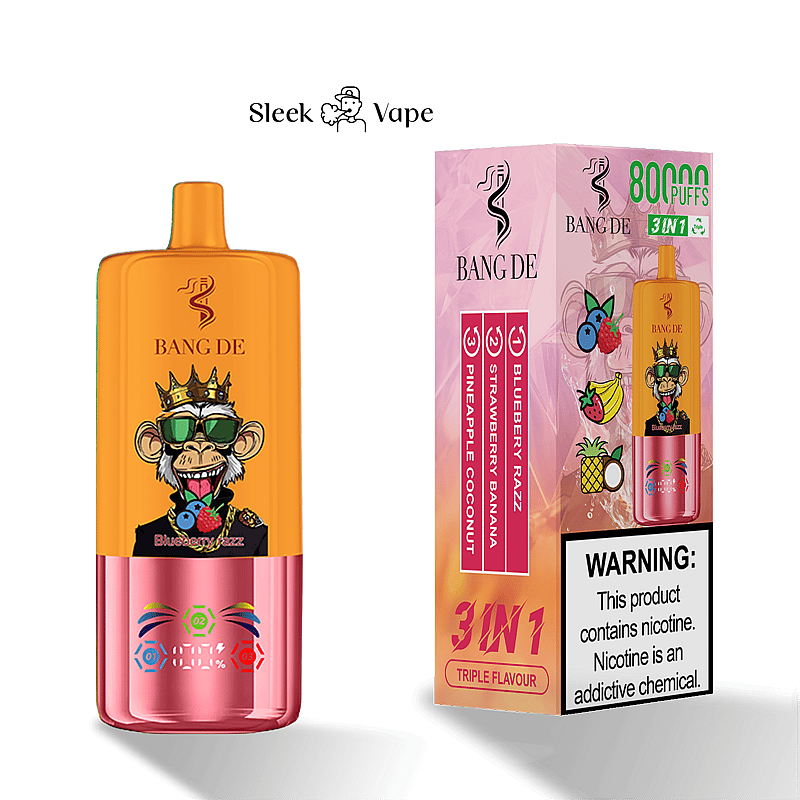 Werbebild des Bang De Einweg-Vaporizers mit einem farbenfrohen Affen-Grafikdesign auf Gerät und Verpackung. Bietet 8000 Züge und drei Geschmacksrichtungen: Blaubeer-Razz, Erdbeer-Banane und Ananas-Kokosnuss. Mit Nikotinwarnung.