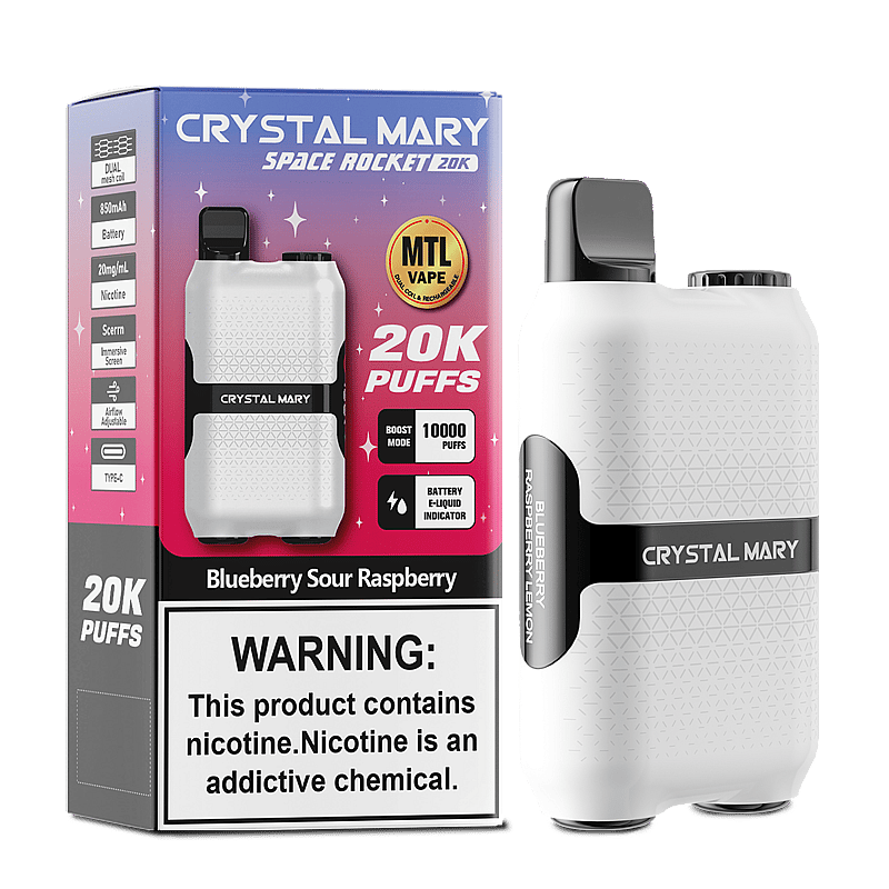 A Crystal Mary Space Rocket vape box and device featuring Blueberry Sour Raspberry flavor, labeled with 20,000 puffs and a nicotine warning.