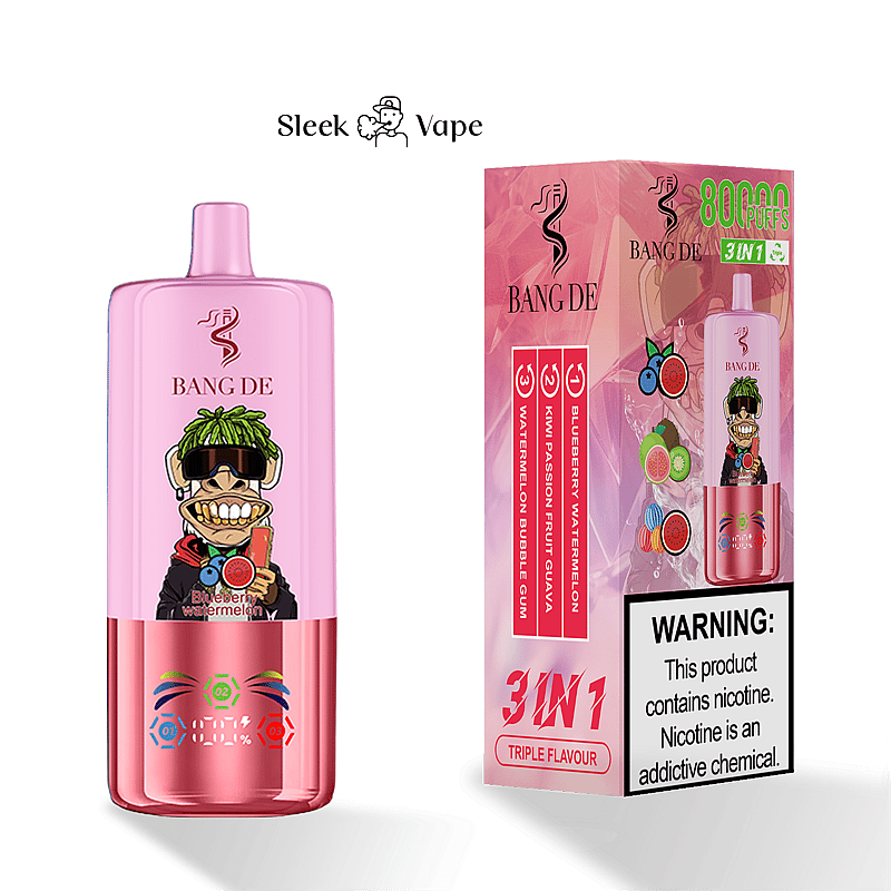 Ein rosafarbenes „Bang De“-Vape-Gerät und seine Verpackungsbox, auf der die drei Geschmacksoptionen „3 in 1“ und 8.000 Züge hervorgehoben werden, mit einer Warnung vor der Suchtgefahr von Nikotin.