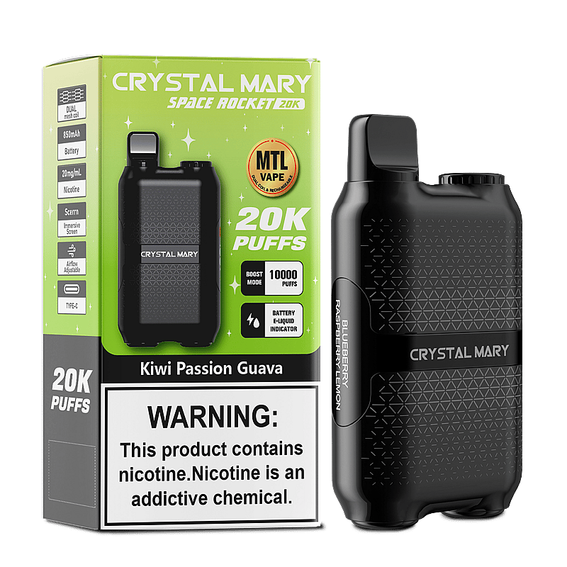A product image showcasing the Crystal Mary Space Rocket 20K disposable vape in front of its packaging. The device is black with a textured surface, labeled with the brand name and flavor information. The box highlights features like 'Kiwi Passion Guava' flavor, '20K Puffs', and a nicotine warning message.
