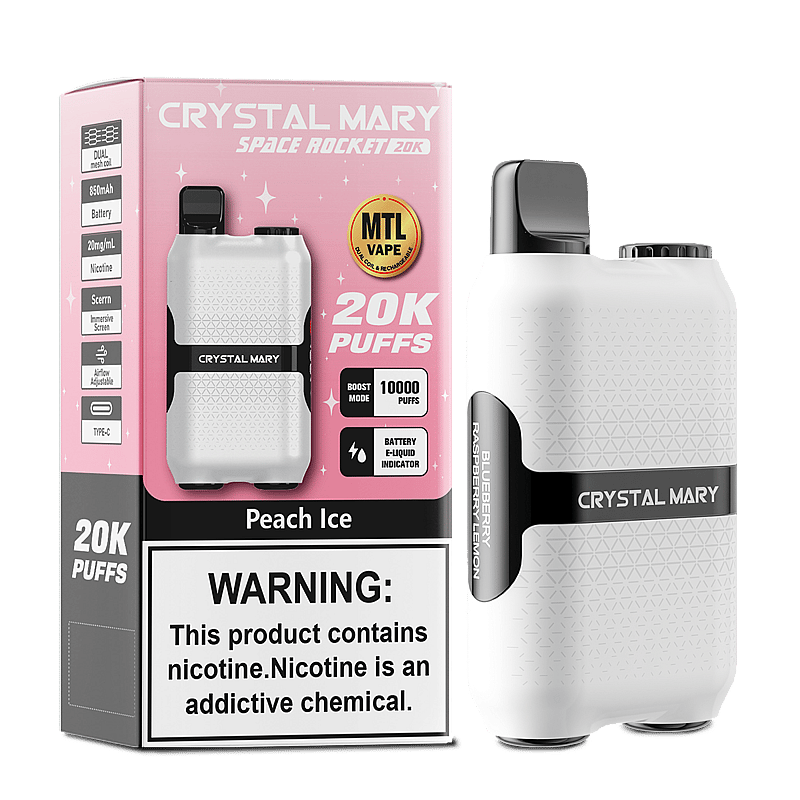 Crystal Mary vaping device with packaging featuring 'Peach Ice' flavor, 20,000 puffs advertised, and a nicotine warning label.