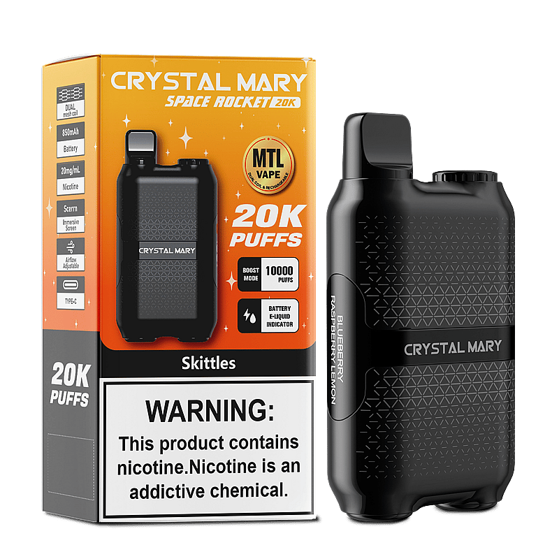 Display of a Crystal Mary Space Rocket vape device with packaging highlighting features like 20,000 puffs, MTL vape technology, and a nicotine warning label.