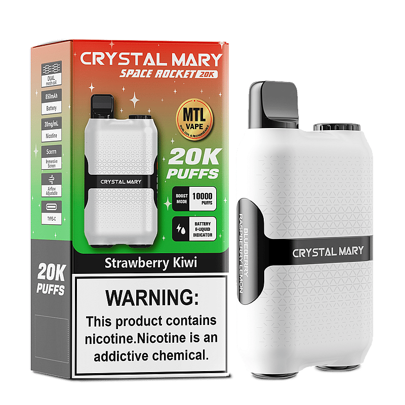 A dual image showcasing the product packaging and device for the 'Crystal Mary Space Rocket 20k' vape, featuring 'Strawberry Kiwi' flavor, highlighting the device's white textured surface, specifications, and warning label about nicotine addiction.