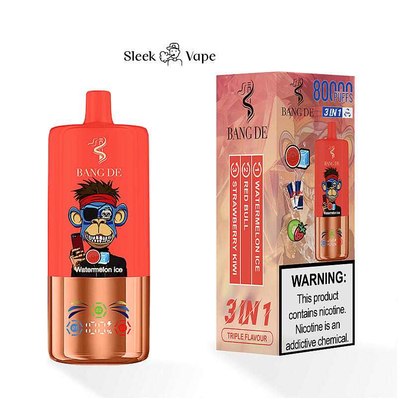 Produktbild des Bang De Vape-Geräts in Rot mit einem Comic-Affen und der Aufschrift „Watermelon Ice“ neben der Verpackungsbox, auf der 3-in-1-Dreifacharomen und ein Warnhinweis zu Nikotin hervorgehoben sind.