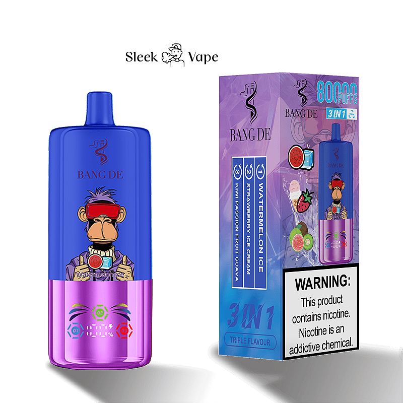 Ein blau-violettes Einweg-Vape-Gerät mit der Aufschrift „Bang De“ neben der Verpackung, das mit farbenfrohen Grafiken und Geschmacksrichtungen wie Wassermeloneneis und Kiwi-Passionsfrucht-Guave versehen ist. Die Verpackung enthält einen Warnhinweis zum Nikotingehalt.