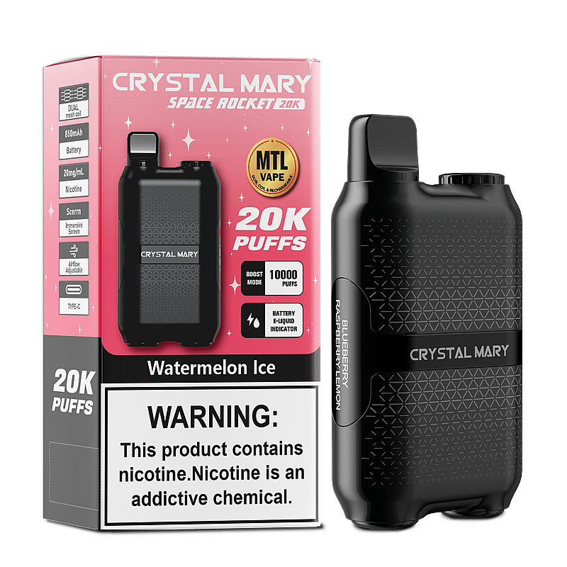 A Crystal Mary Space Rocket vaping device and packaging featuring the flavor 'Watermelon Ice,' with details like 20K puffs, nicotine content, and a health warning about nicotine addiction displayed prominently.