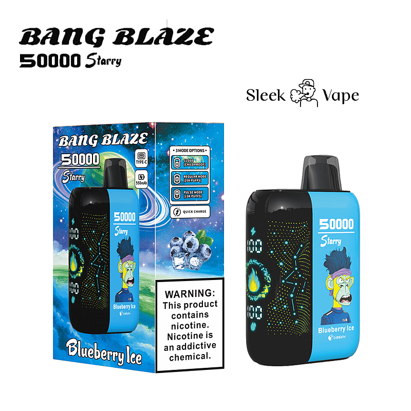 Bang Blaze 50000 Starry engångsvape i smaken Blueberry Ice med produktförpackning, en färgglad rymdtemadesign och en framträdande varningsetikett om nikotinberoende.