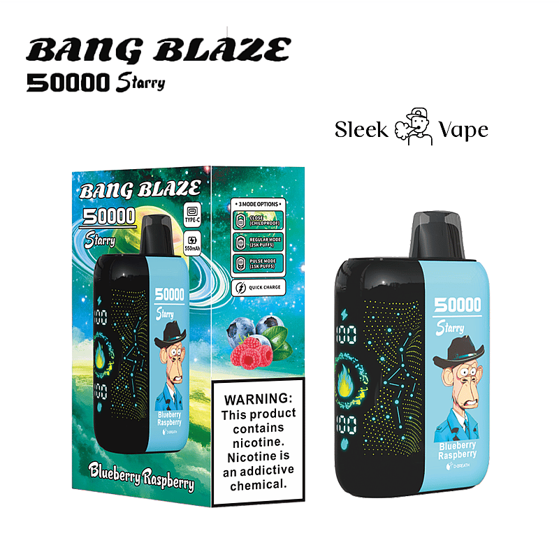 Produktförpackning och enhet för Bang Blaze 50000 Starry, med smak av blåbär och hallon, digital display och grafisk design med en karikatyr i hatt.