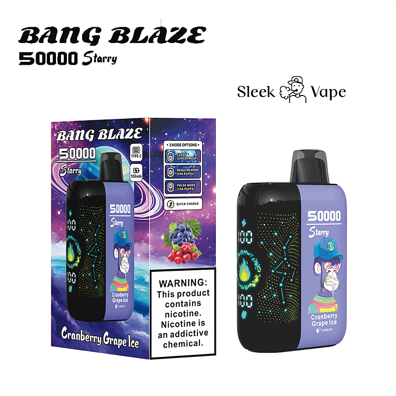 Bang Blaze 50000 Starry vape med typ-C-laddning, digital display och elegant design, förpackning med tranbärs- och druv-issmak och hälsovarningsetikett.