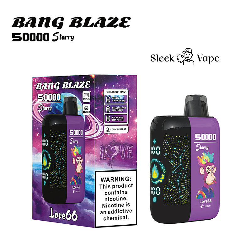 Bang Blaze 50000 Starry vape-produkt med kreativ förpackning med rymdtema och en varning om nikotininnehåll.
