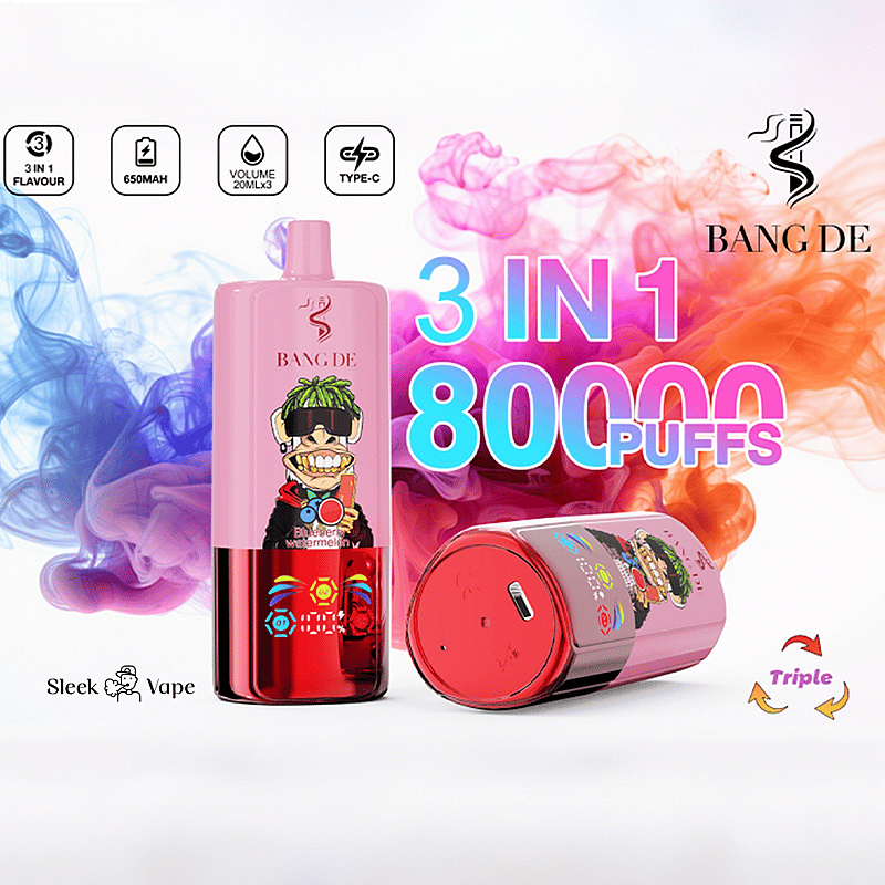 Bang DE 80000 Puffs Vape mit 3 einstellbaren Geschmacksrichtungen, 60 ml Fassungsvermögen, dreifachen Mesh-Spulen, LED-Anzeige und Typ-C-Ladefunktion für eine kräftige Geschmacksleistung.