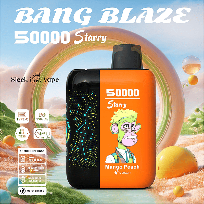 Färgglad reklam som visar en elegant svart-orange vape-enhet med titeln "Bang Blaze 50000 Starry" med en mango-persikosmak, med en tecknad apa i livfulla färger tillsammans med viktiga funktioner som Type-C-laddning och 550 mAh batterikapacitet mot en fantasifull, livfull bakgrund.
