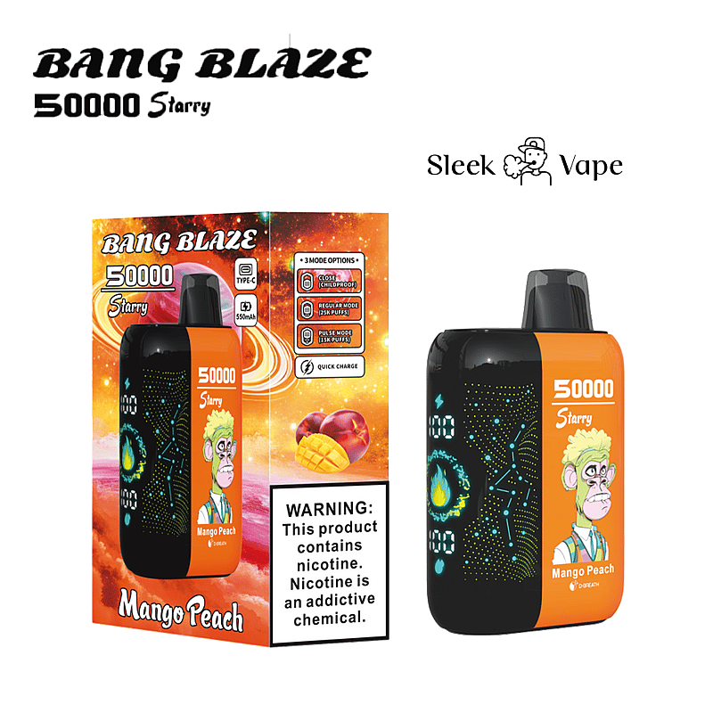 Reklamförpackning och apparat för Bang Blaze 50000 Starry vape i smaken Mango Peach, med produktinformation, grafik och en varning om risker för nikotinberoende.