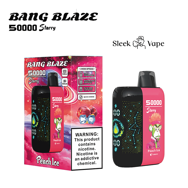 Bang Blaze 50000 Starry Peach Ice vape visas bredvid sin färgglada förpackning, med en futuristisk design och en varningsetikett om nikotinberoende.