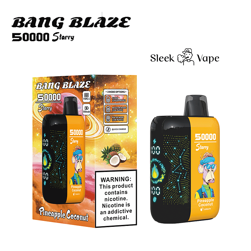 Bang Blaze 50000 Starry vape-enhet med smak av ananas och kokos med förpackning som visar lägesalternativ och en varning om nikotininnehåll.