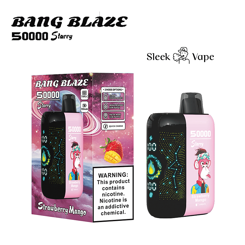 En Bang Blaze 50000 Starry vape-enhet och förpackning med en rosa och svart design med jordgubbs-mangosmak, som varnar för att produkten innehåller nikotin.