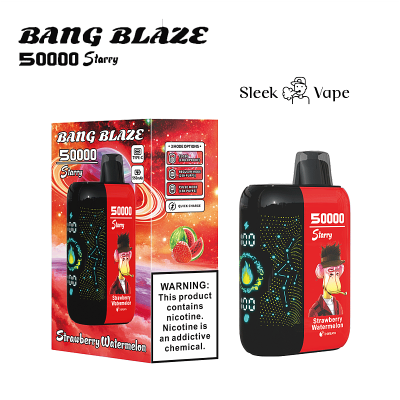 Bang Blaze 50000 Starry vaporizer-box med bilder av jordgubb och vattenmelon, enhetsdisplay med konstellationsdesign och en nikotinvarningsetikett.