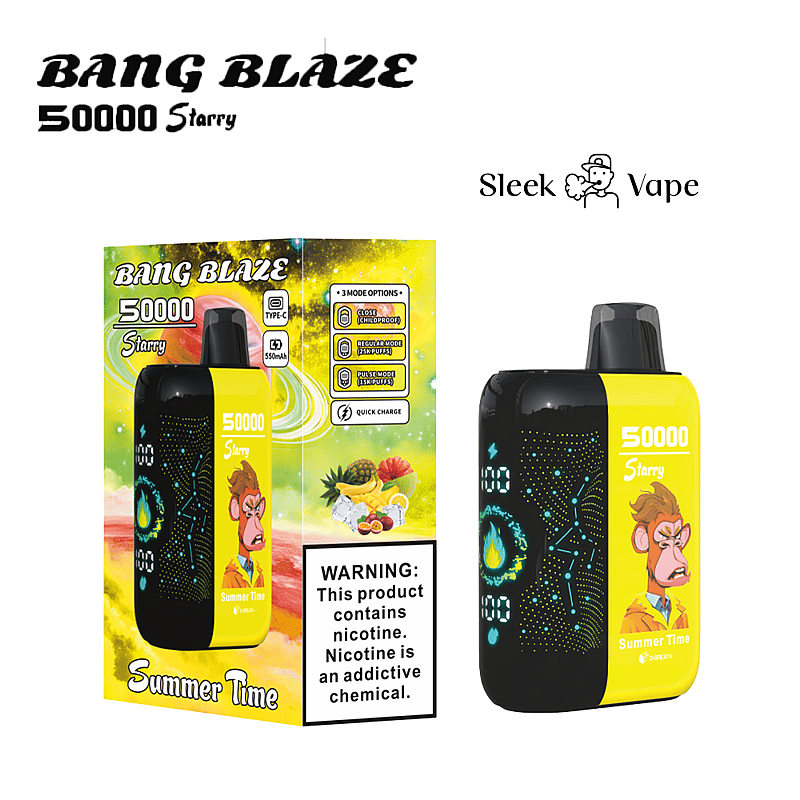Förpackning och produkt för Bang Blaze 50000 Starry vape, med en svart och gul design med bilder av tropiska frukter och en varning om nikotinberoende.