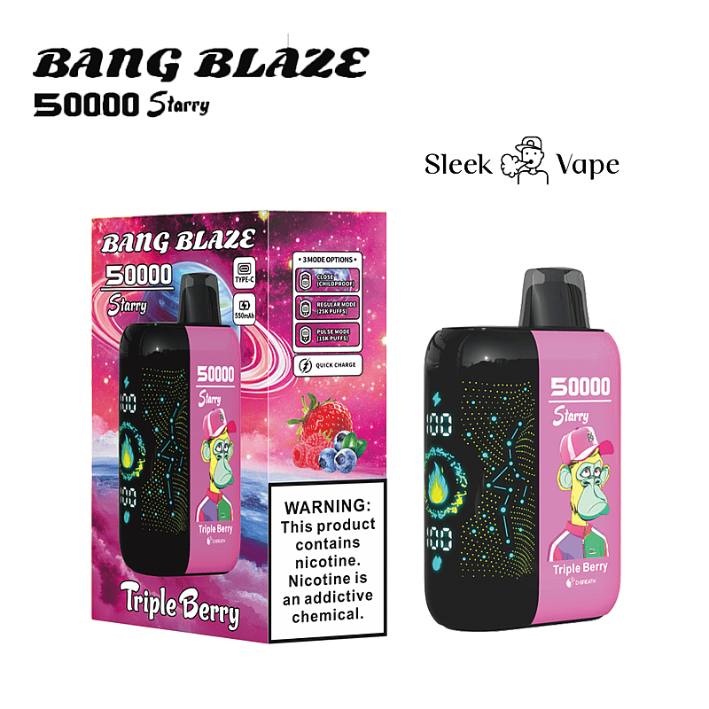 Förpackning med Bang Blaze 50000 Starry vape-enhet med en rosa låda och enhetsdesign med bärgrafik och en tecknad primat, märkt "Triple Berry", tillsammans med en nikotinvarningsetikett.