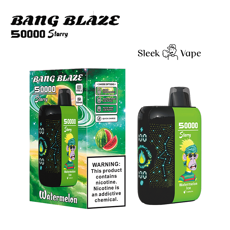 En produktdisplay med Bang Blaze 50000 Starry vape med smaken Watermelon Ice, med en klargrön förpackning, produktbilder och en varningsetikett om nikotinberoende.