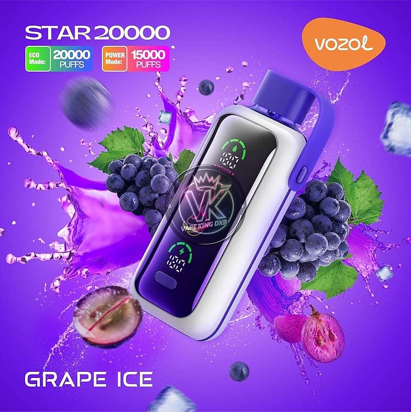 Ein Werbebild des Vozol Star 20000 zeigt ein violett-schwarzes Vaping-Gerät mit Trauben- und Eisgrafiken, gekennzeichnet mit zwei Modi für 20.000 und 15.000 Züge auf einem leuchtend violetten Hintergrund.