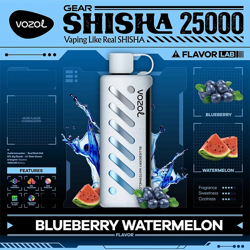 Promotional image for Vozol Gear Shisha 25000 showcasing a vape device with a Blueberry Watermelon flavor, featuring images of blueberries, watermelon slices, and a splash of water, with additional information on device features and flavor attributes.