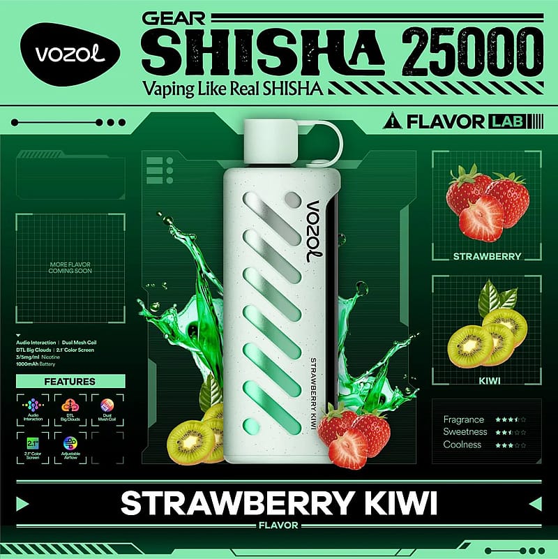 A promotional image for a Vozol Shisha 25000 vape, featuring a strawberry kiwi flavor with a green and black design highlighting a dual mesh coil, fragrant and sweet flavor notes, and images of strawberries and kiwis.