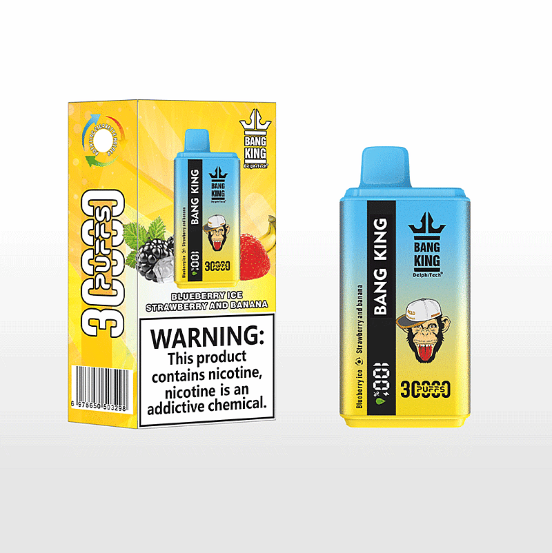 Un producto de vapeo Bang King en caja y sin caja que presenta un logotipo de mono de dibujos animados, con sabor a helado de arándano, fresa y plátano, con una advertencia de nicotina destacada.