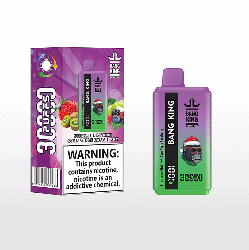 Una exhibición de un vaporizador desechable Bang King con su empaque, que muestra el sabor a fresa, kiwi, manzana ácida y frambuesa, adornado con imágenes de frutas vibrantes y una etiqueta de advertencia sobre el uso de nicotina.