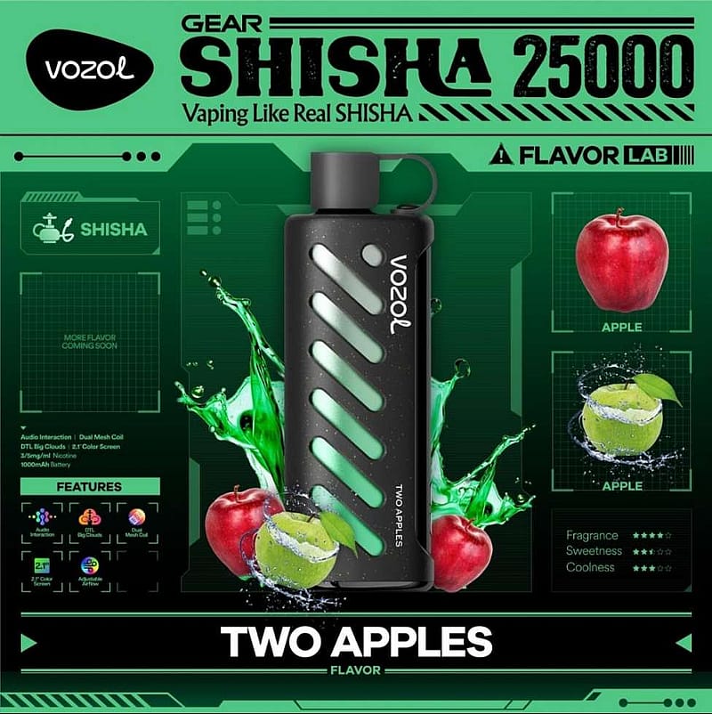 Promotional image for Vozol Gear Shisha 25000 vaping device with dual apple flavor, featuring the device surrounded by red and green apples with green liquid splashes, highlighting fragrance, sweetness, and coolness ratings.