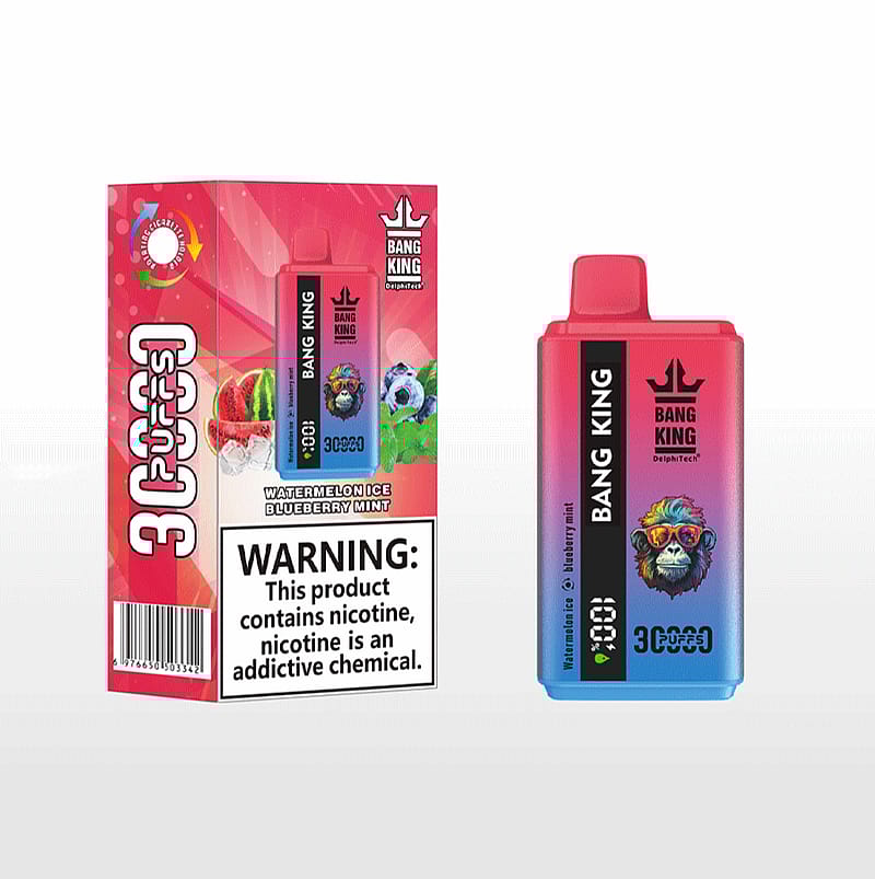 Un dispositivo de vapeo Bang King y su empaque con sabores de helado de sandía y menta de arándano, con una advertencia sobre la adicción a la nicotina en la caja.