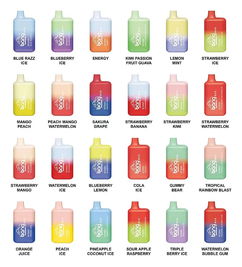 A grid of colorful disposable vape devices with various flavors labeled, including Blue Razz Ice, Blueberry Ice, Energy, Kiwi Passion Fruit Guava, Lemon Mint, Strawberry Ice, Mango Peach, Peach Mango Watermelon, Sakura Grape, Strawberry Banana, Strawberry Kiwi, Strawberry Watermelon, Strawberry Mango, Watermelon Ice, Blueberry Lemon, Cola Ice, Gummy Bear, Tropical Rainbow Blast, Orange Juice, Peach Ice, Pineapple Coconut Ice, Sour Apple Raspberry, Triple Berry Ice, and Watermelon Bubble Gum.