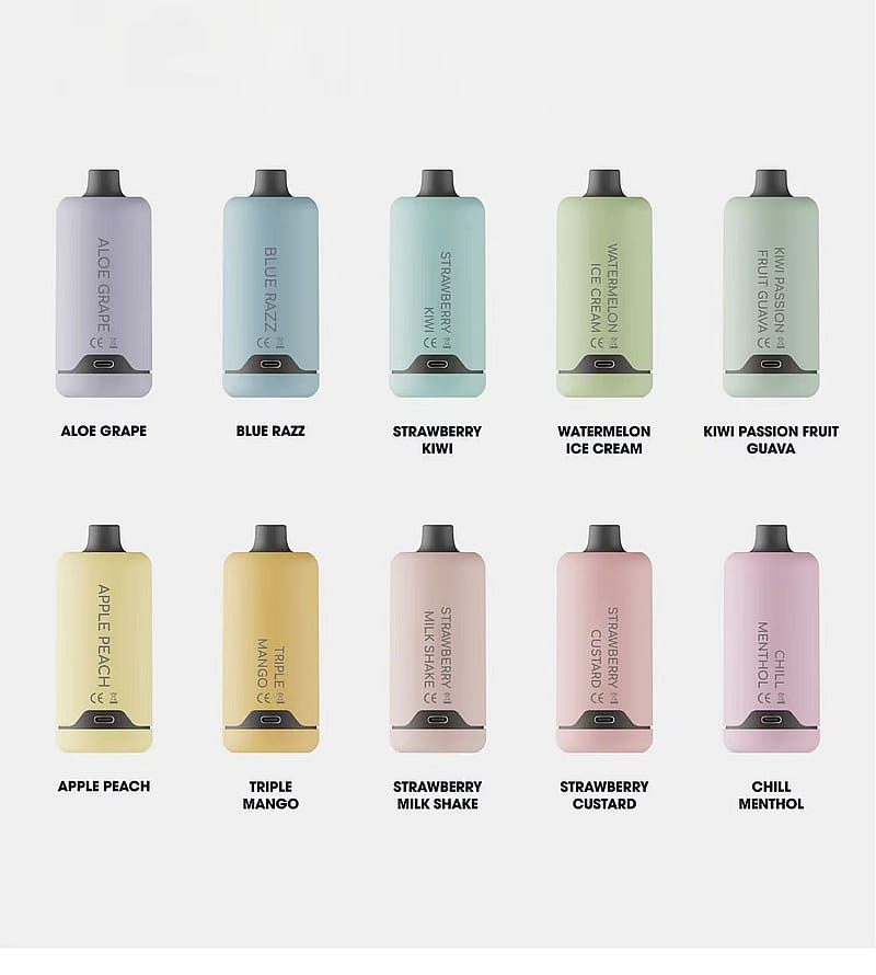 Tio cylindriska vape-enheter i olika pastellfärger, var och en märkt med olika smaker, inklusive Aloe Grape, Blue Razz, Strawberry Kiwi, Watermelon Ice Cream, Kiwi Passion Fruit Guava, Apple Peach, Triple Mango, Strawberry Milk Shake, Strawberry Custard och Chill Menthol.