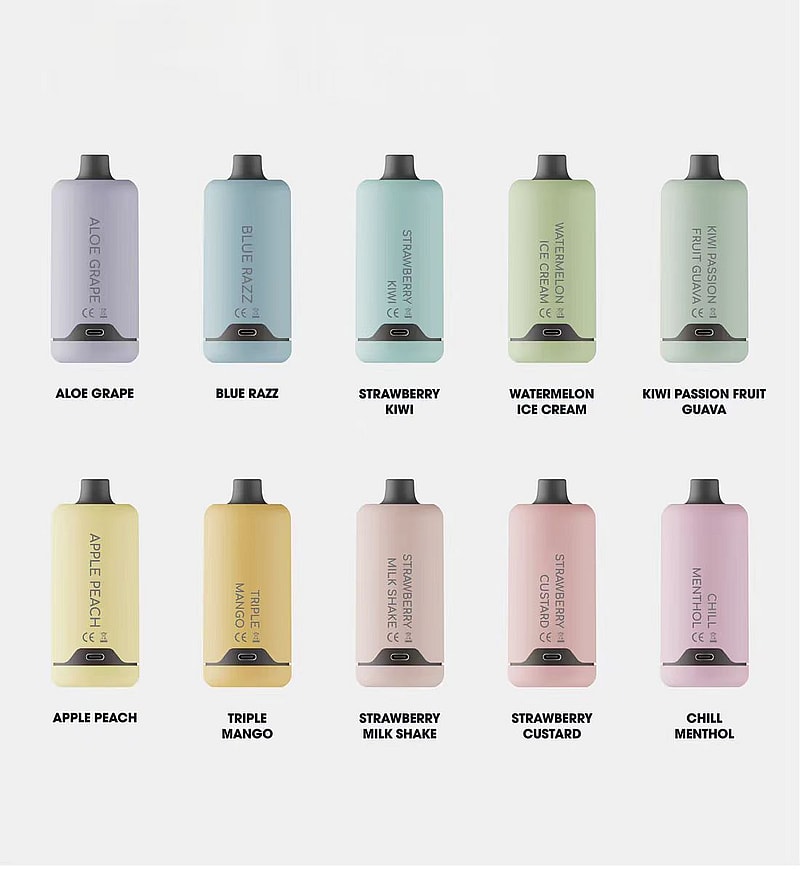 Dix appareils à vapotage cylindriques de différentes couleurs pastel, chacun étiqueté avec différentes saveurs, notamment Aloe Grape, Blue Razz, Strawberry Kiwi, Watermelon Ice Cream, Kiwi Passion Fruit Guava, Apple Peach, Triple Mango, Strawberry Milk Shake, Strawberry Custard et Chill Menthol.