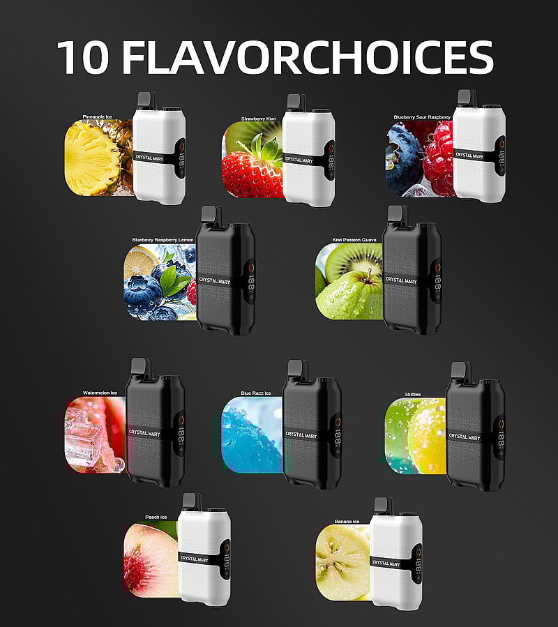 Graphic showcasing 10 flavor choices for vaping devices, each type illustrated with corresponding fruit images and device colors.