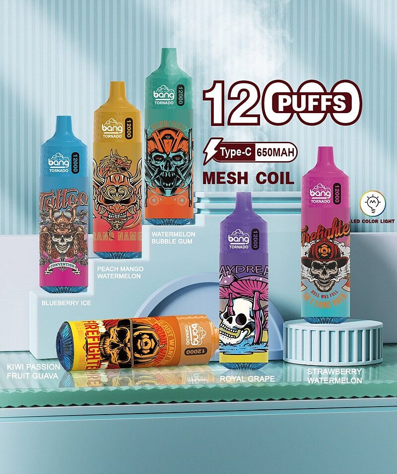 A display of colorful Bang Tornado vape devices, each labeled with different flavors such as Blueberry Ice, Peach Mango Watermelon, and Royal Grape, featuring bold, tattoo-inspired artwork, and highlighting 12,000 puffs, a 650mAh battery, and mesh coil technology.