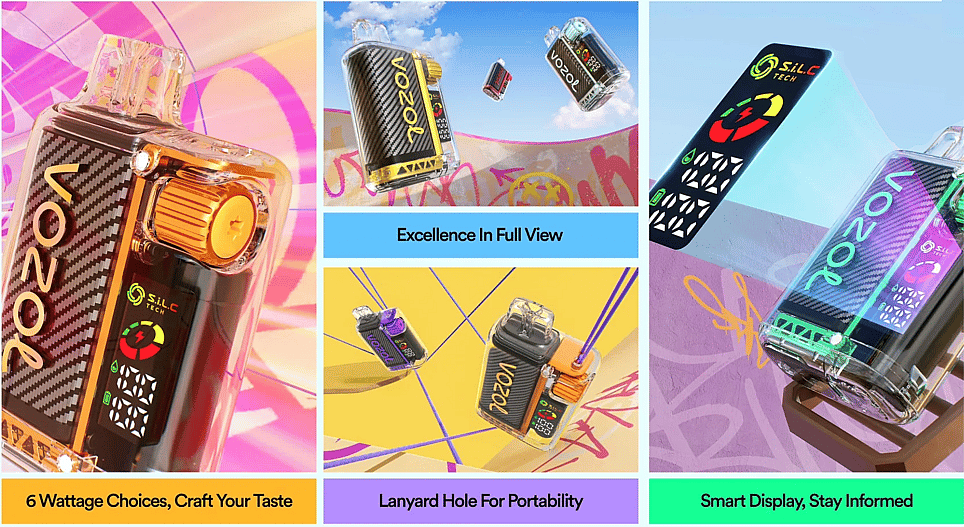 A collection of promotional images showcasing a stylish vaping device with features like six adjustable wattage settings, portability via a lanyard hole, a digital smart display, and distinctive carbon-fiber design accents.