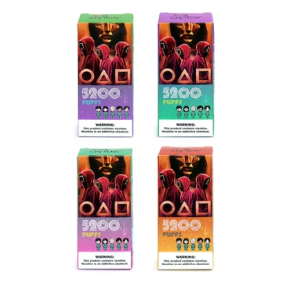 Four colorful vape product boxes featuring masked characters, shapes (circle, triangle, square), and text "5200 PUFFS" with a nicotine warning label at the bottom.