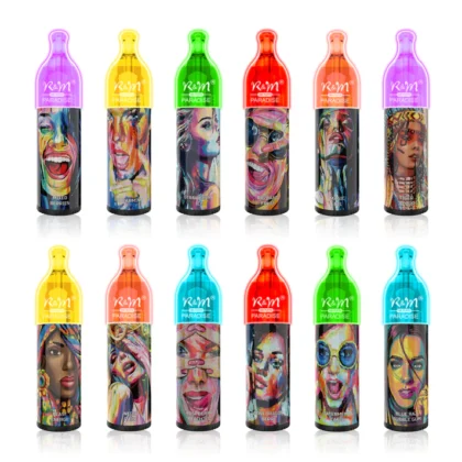 Ein Set von 12 farbenfrohen Vape-Geräten mit der Bezeichnung "R&M Paradise", jedes mit einem einzigartigen, lebendigen Porträt und verschiedenfarbigen Kappen, die verschiedene Geschmacksrichtungen wie "Mixed Berries", "Strawberry" und "Tiger Blood" repräsentieren.