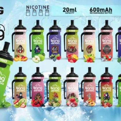 Una selección de 16 vapes desechables Bang King de varios sabores, cada uno etiquetado con "9000 caladas", "capacidad de 20ml" y "batería recargable de 600mAh".