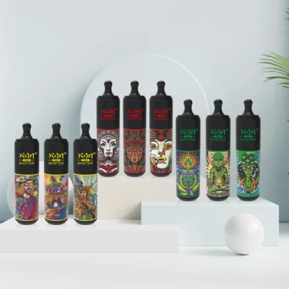 A collection of colorful vape devices with artistic, tribal-inspired designs on a minimalist display.