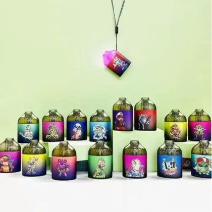 A collection of colorful canisters with cartoonish character designs, displayed on a green background with one canister hanging above the others, illuminated by a pink light.