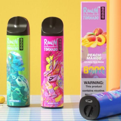 Two colorful vape devices labeled "RandM Tornado 8000," with flavors "Cotton Pear" and "Gummy Bear," alongside packaging for "Peach Mango" flavor, with a warning about nicotine content.