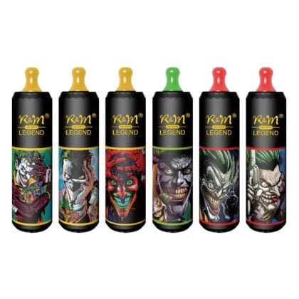 Six cylindrical vape devices with colorful cartoonish Joker-inspired designs and colored mouthpieces in yellow, green, and red.