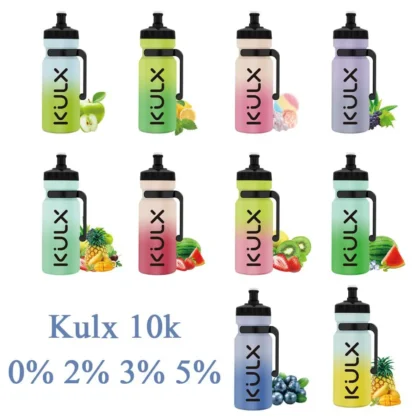 Nueve coloridas botellas de agua con la etiqueta "KULX" y varios sabores de fruta, como manzana, limón, uva, sandía, kiwi, piña y arándanos, y opciones de intensidad de sabor que van de 0% a 5%.