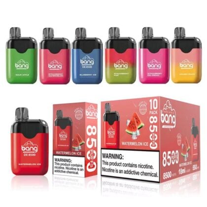 A display of Bang disposable vape devices in various flavors, including Sour Apple, Strawberry Watermelon, Blueberry Ice, and Watermelon Ice, along with product packaging showing the warning label about nicotine.