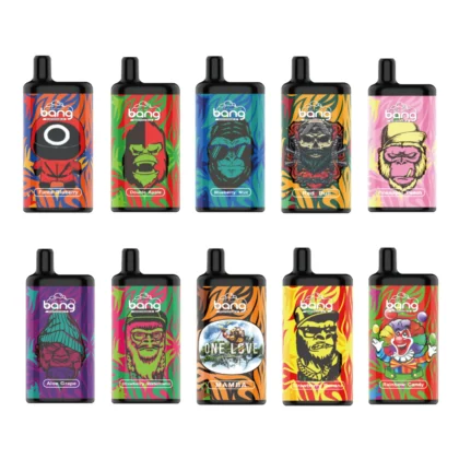 Eine Auswahl von 11 farbenfrohen Vape-Geräten mit verschiedenen illustrierten Designs und Geschmacksbezeichnungen, darunter "Funky Blueberry", "Double Apple", "Blueberry Mint", "Red Bull", "Pineapple Peach", "Aloe Grape", "Strawberry Watermelon", "Mamba", "Strawberry Banana" und "Rainbow Candy".