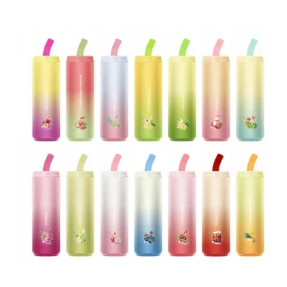 Colorful gradient cylindrical bottles with straws, each featuring different floral and fruit-themed designs.