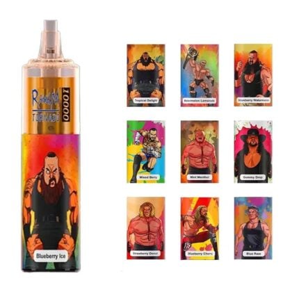 Disposable vape device featuring a muscular wrestler graphic and labeled "Blueberry Ice," alongside nine smaller images of similar wrestler-themed designs with different flavor names.