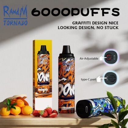 R and M Tornado vape pen with graffiti design, 6000 puffs, air-adjustable feature, Type-C charging port, Gummy Bear flavor packaging.